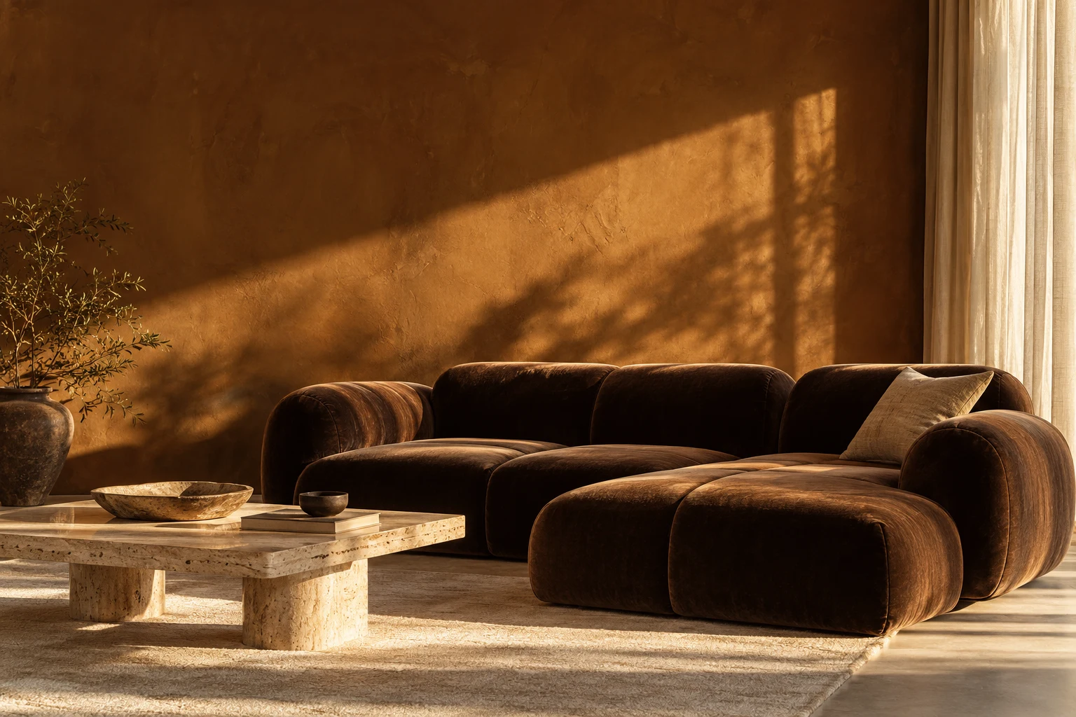 Dark velvet sofa in the Cotton Ware concept